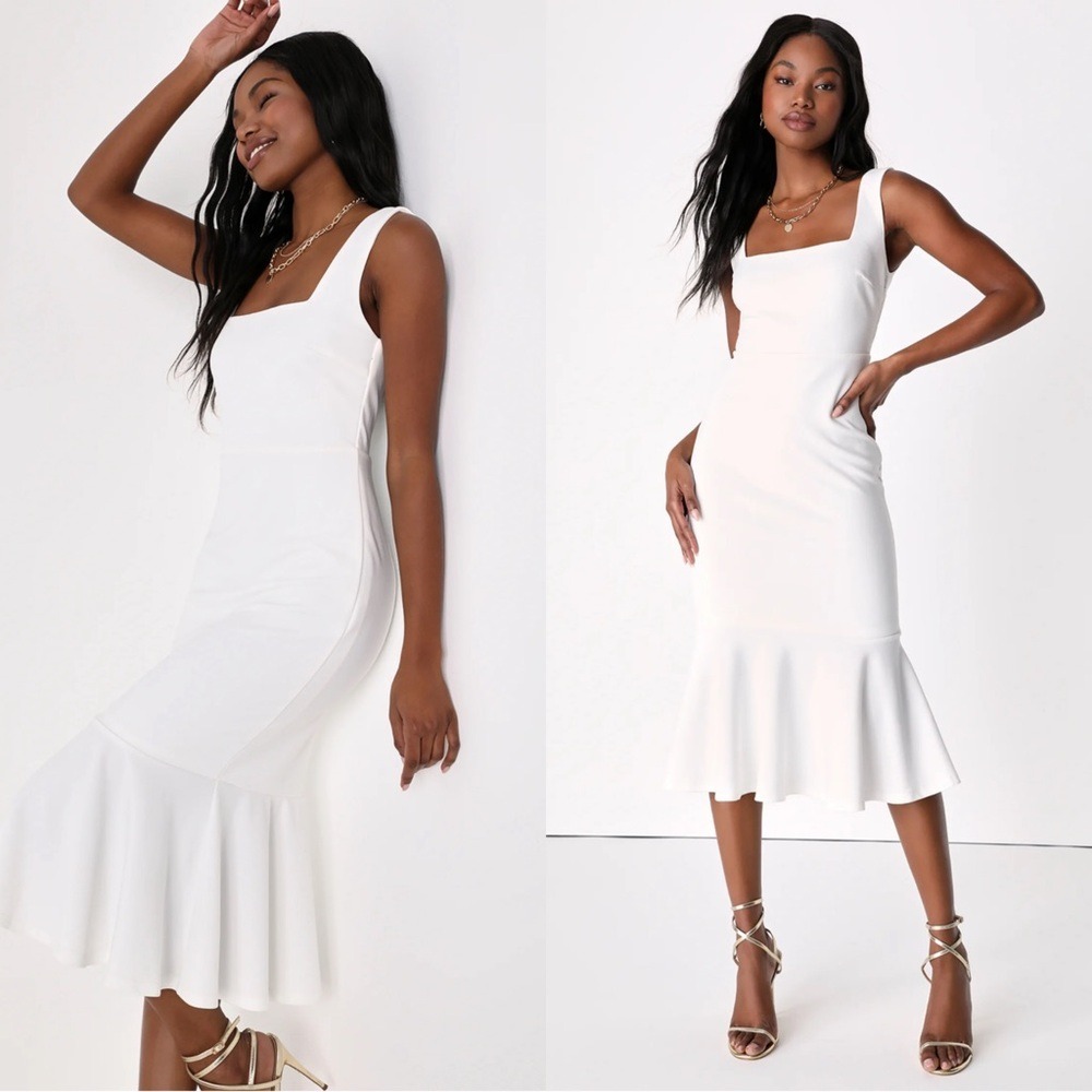 NWT LULUS Square Neck Sleeveless Ruffle Hem Trumpet Skirt Midi Sheath Dress S